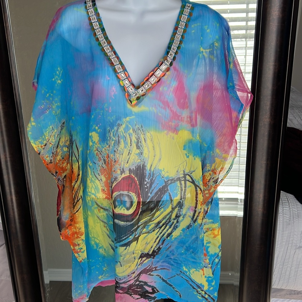 New with tags Aqua Blue Multi Colored Tunic CoverUp